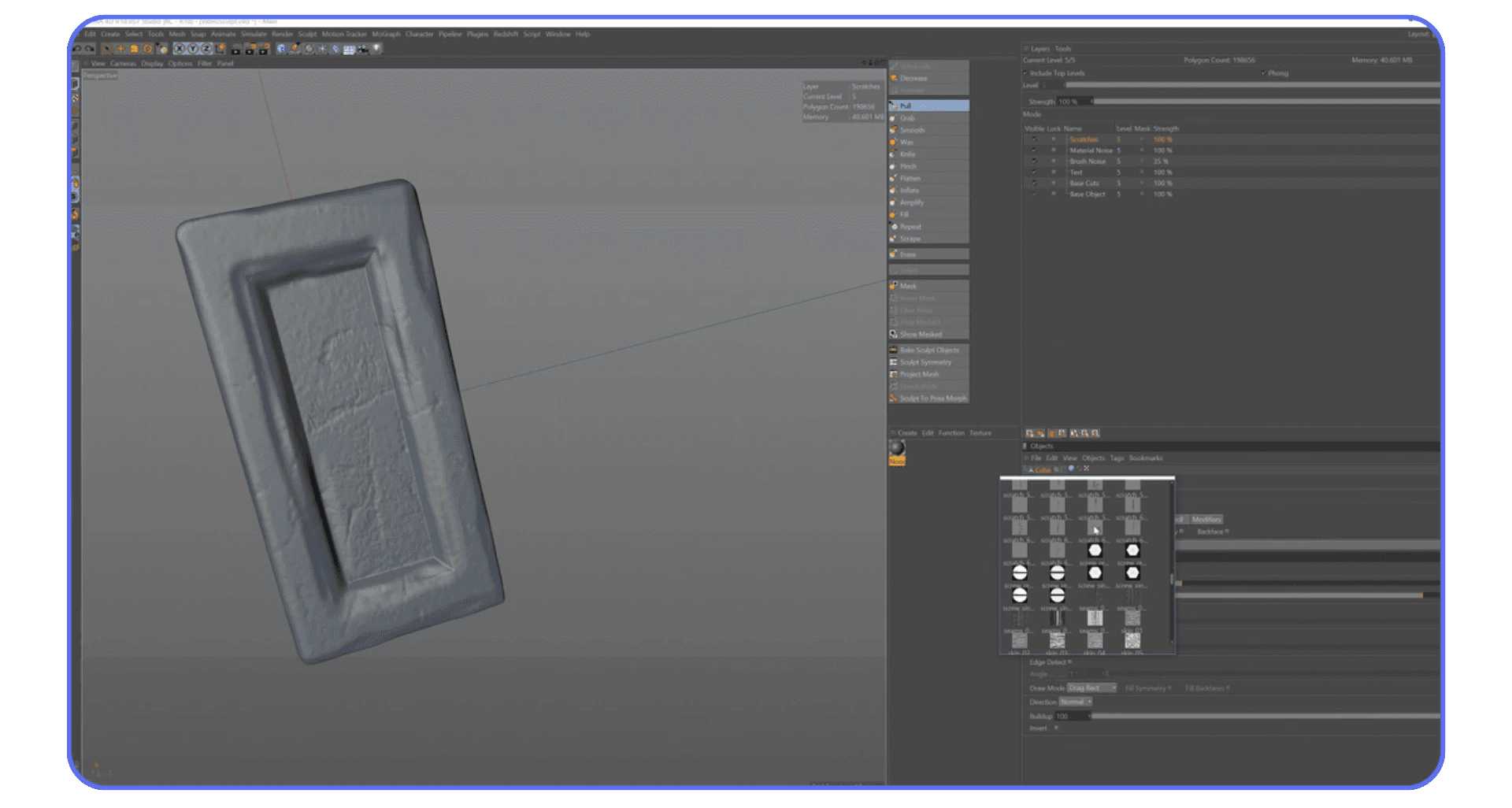 Cinema 4D interface displaying a 3D model of a rectangular object with visible texture and material settings on the right panel.