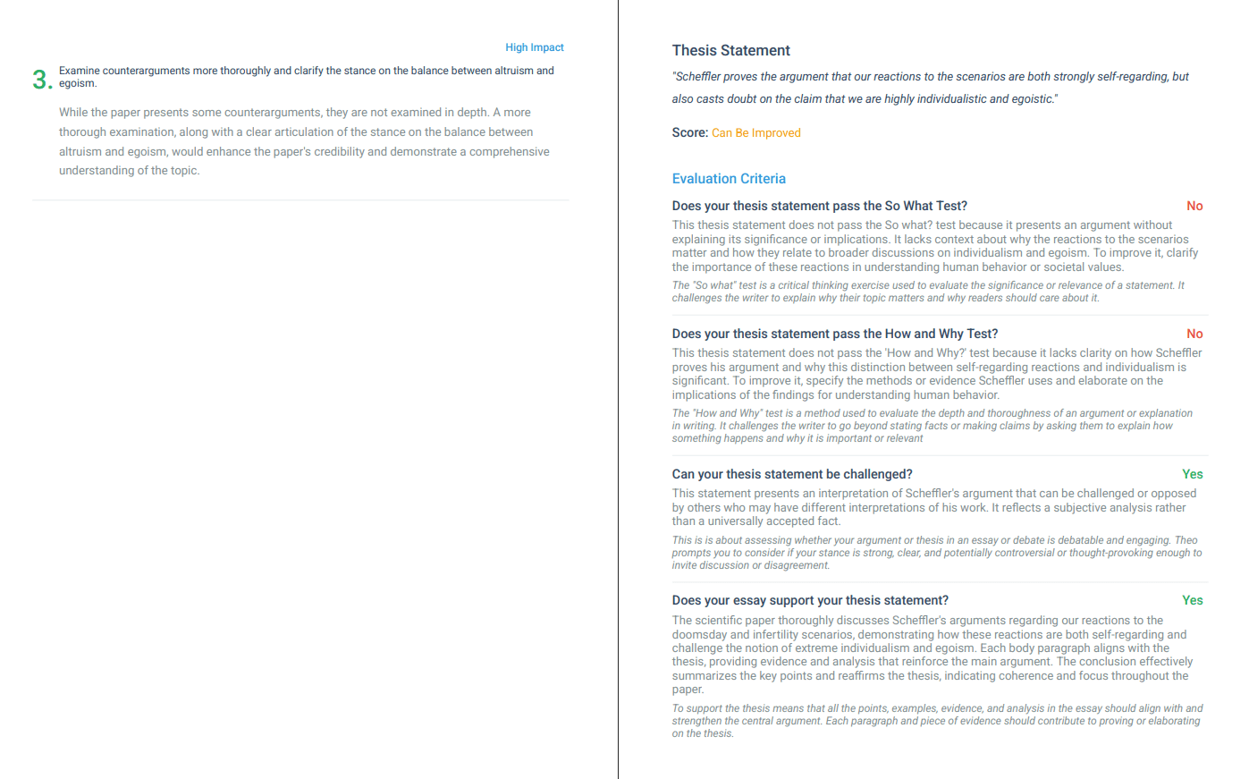 thesify Feedback showing thesis evaluation with criteria and suggestions.