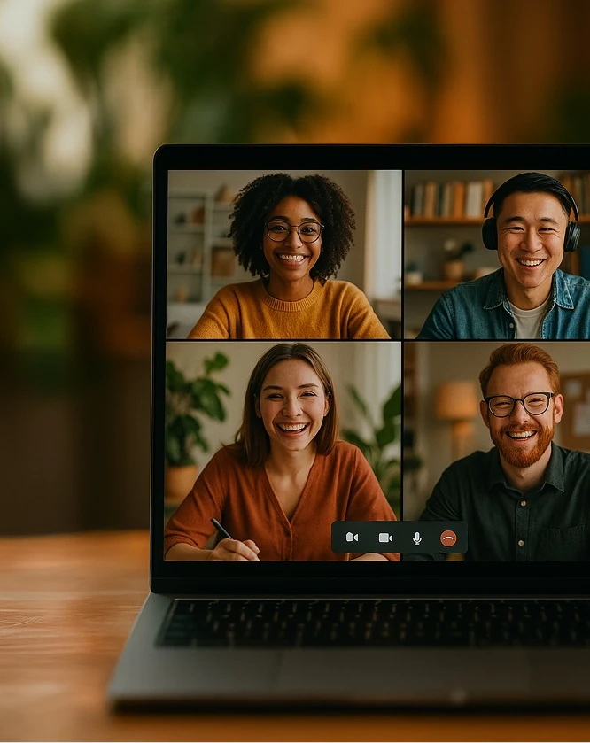 A young woman with curly hair and glasses smiles warmly while sitting in a sunlit room filled with various potted plants, creating a cozy and inviting atmosphere.