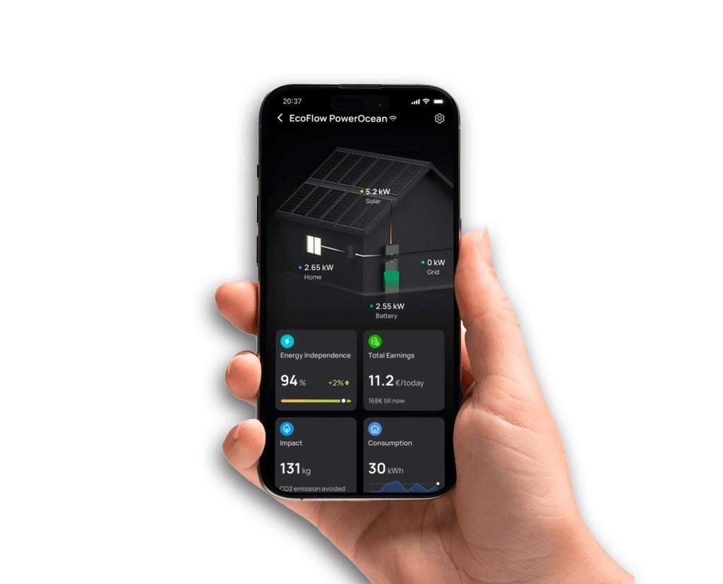 Hand mit Smartphone in der Hand. Auf dem Smartphone ist die Energie Manager App für die ganzen einzelnen Komponenten