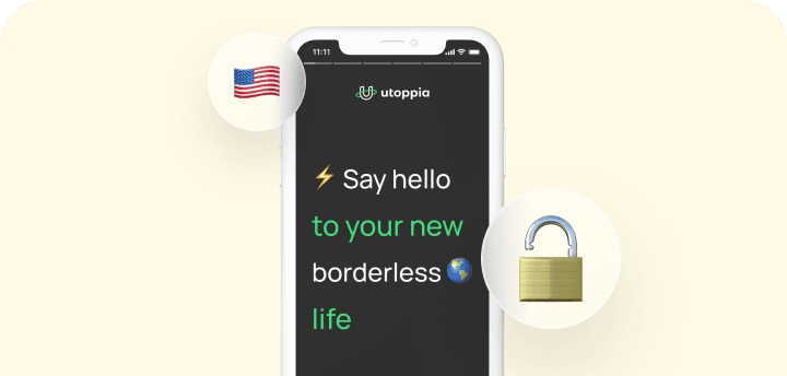 Mockup of a mobile phone displaying the new redesigned onboarding screen of the Utoppia app.