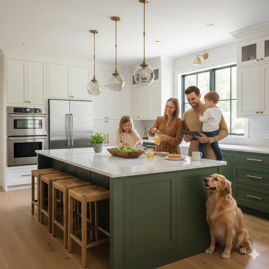 A family enjoying their new kitchen after hiring PEI Builder to remodel it.