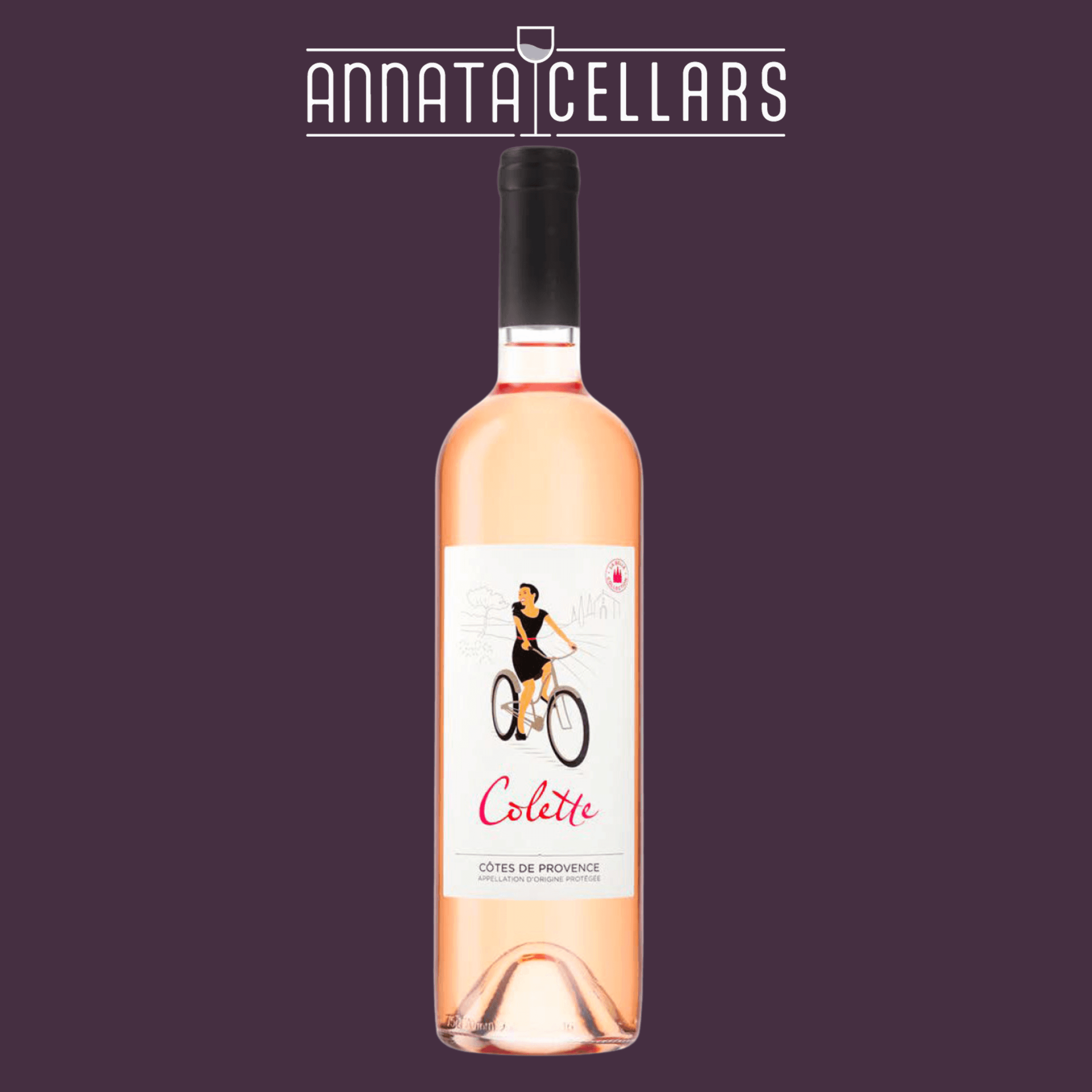 Colette rosé wine bottle with black cap and cream label
