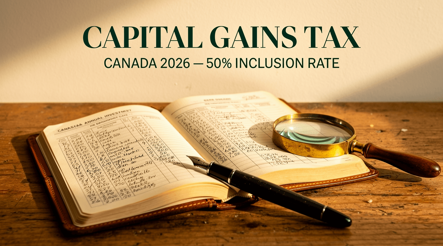 Investment ledger composition with title "Capital Gains Tax — Canada 2026".
