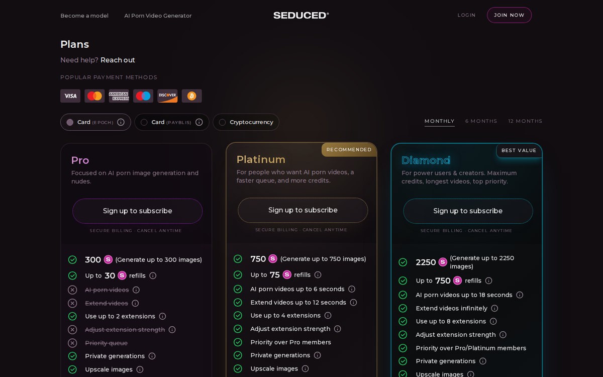 Seduced AI’s plans page listing Pro, Platinum and Diamond credit allowances, September 2026.