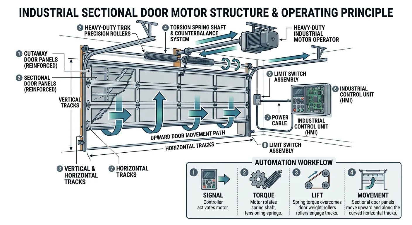 Industrial sectional door motor structure and operating principle