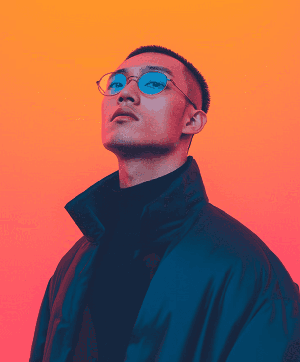 Stylish man in glasses against neon orange gradient.