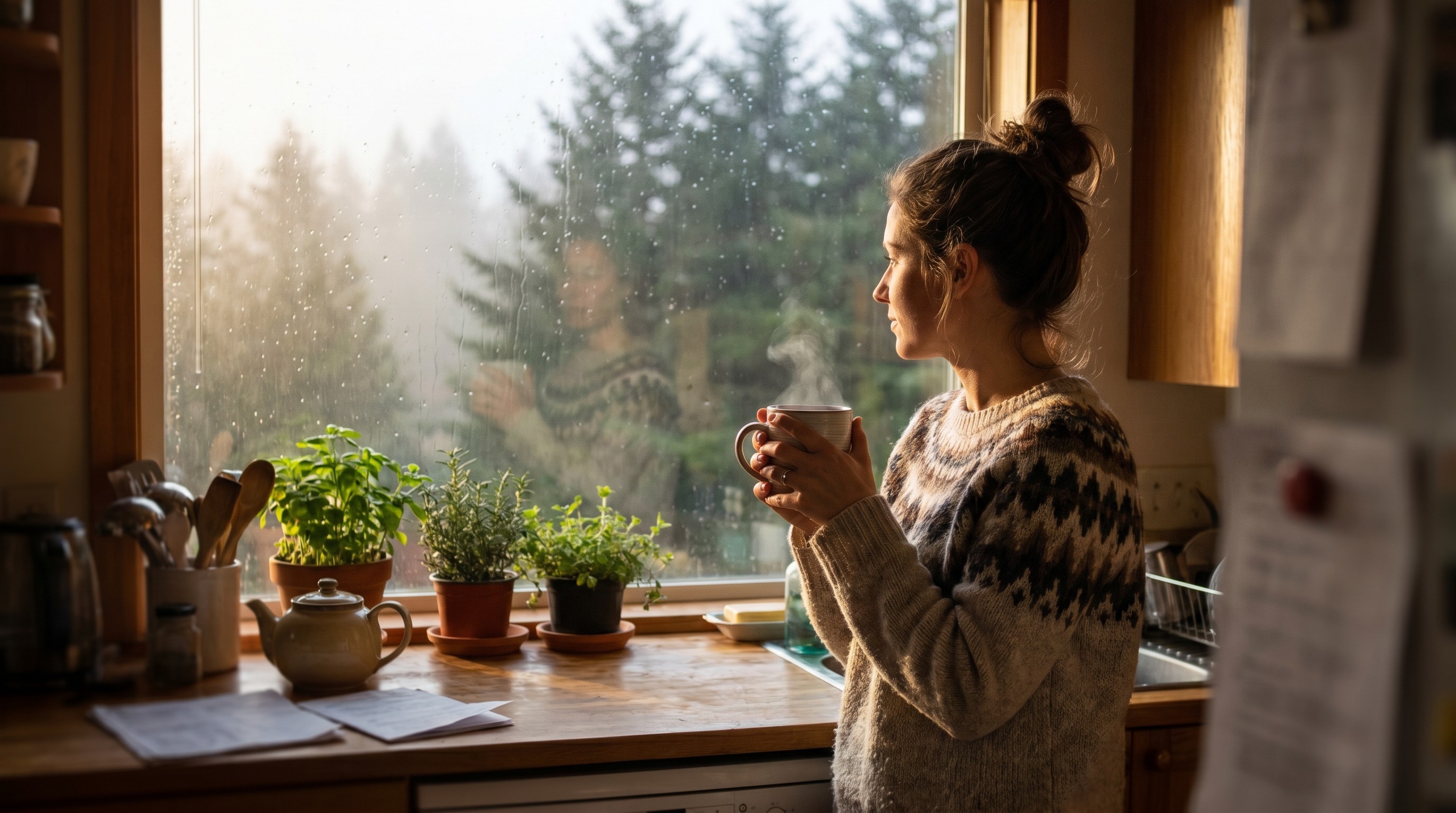 Woman holding a warm mug at a sunlit kitchen window in a Pacific Northwest home on a quiet morning