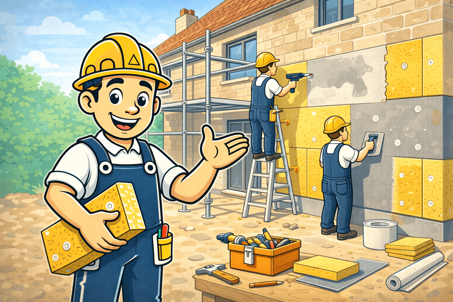 Illustration vectorielle d’Alfred mascotte de chantier supervisant une isolation thermique par l’extérieur sur la façade d’une maison en rénovation.