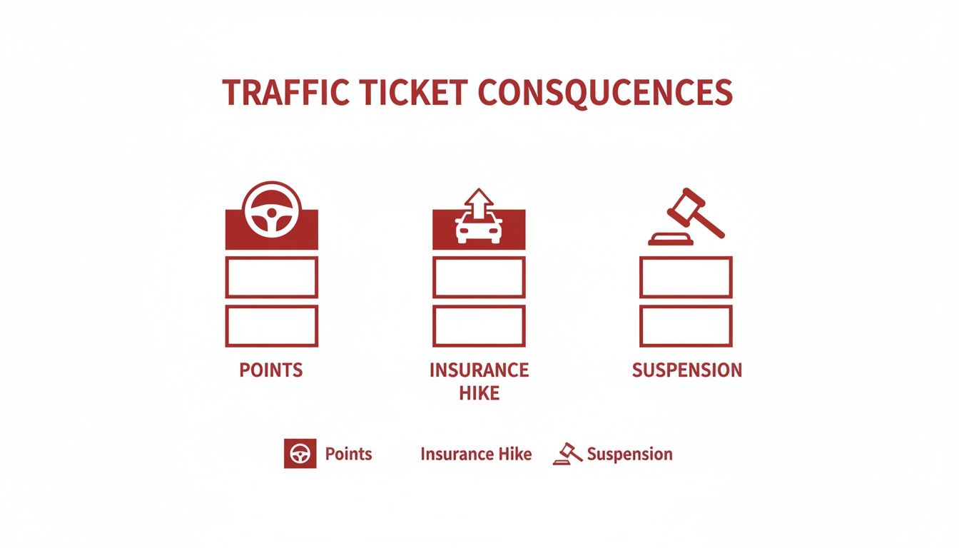 Infographic showing three consequences of traffic tickets: points, insurance hike, and suspension.