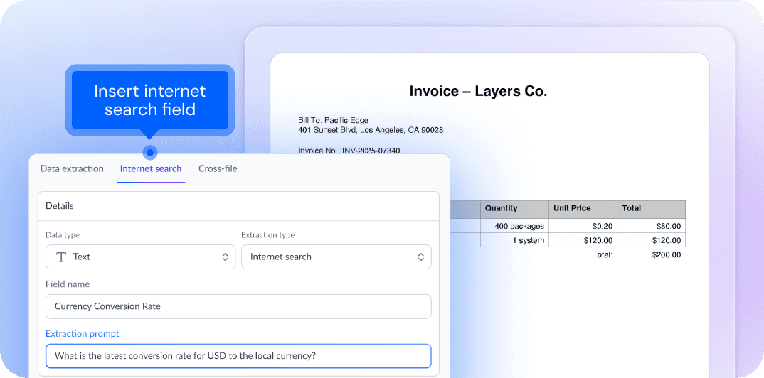 fileAI AI schema editor adding an internet search field, Currency Conversion Rate, to a Layers Co. invoice