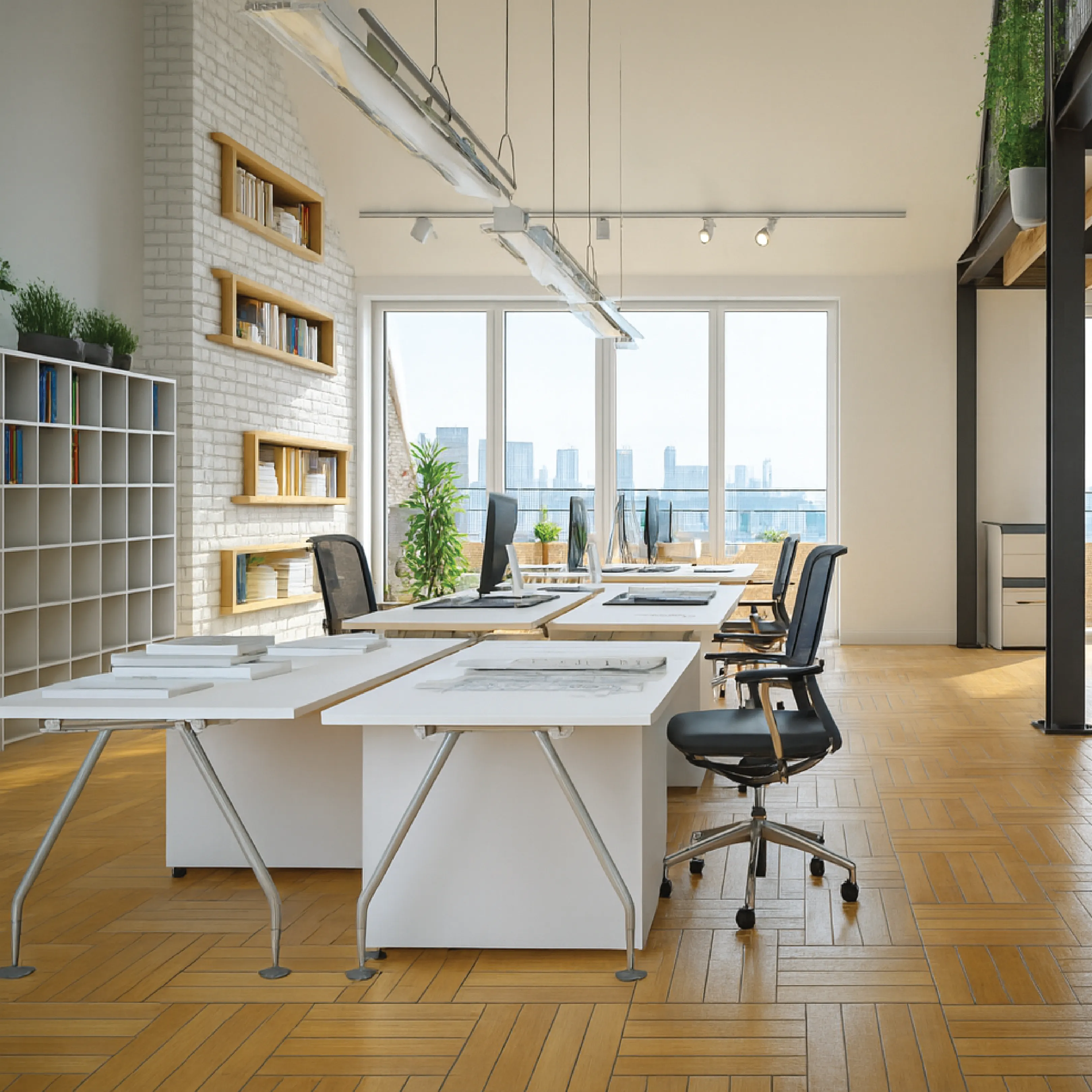 Modern desk with laptop, papers, and potted plants