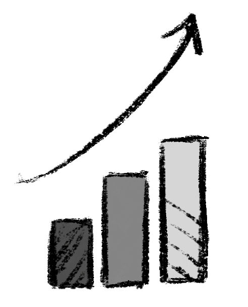 An image of a black and white illustration of a bar graph with an arrow going upwards.
