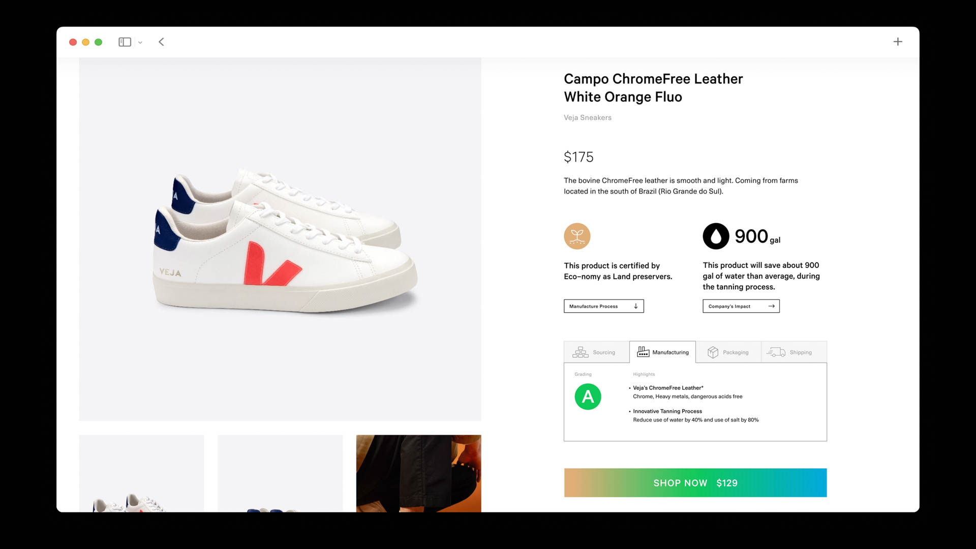 A webpage displays a pair of Campo ChromeFree Leather White Orange Fluo sneakers. The shoes are white with red and blue accents on the sides and have a V-shaped design on the sides. They are shown on a white background. Text on the page states the price is $175 and describes them as "smooth and light, coming from farms located in the south of Brazil (Rio Grande do Sul)." The product is certified by Eco-nomy as Land preservers. A "SHOP NOW" button with a price of $129 is visible at the bottom right.