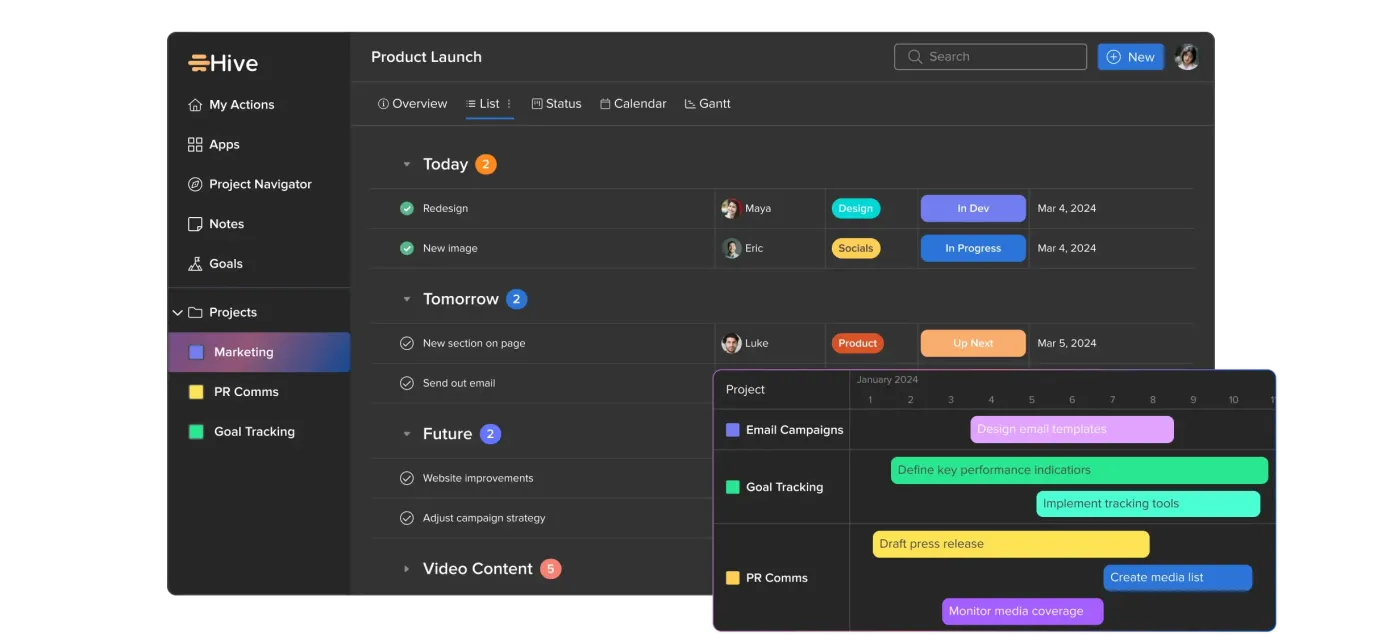 Hive's interface in list view
