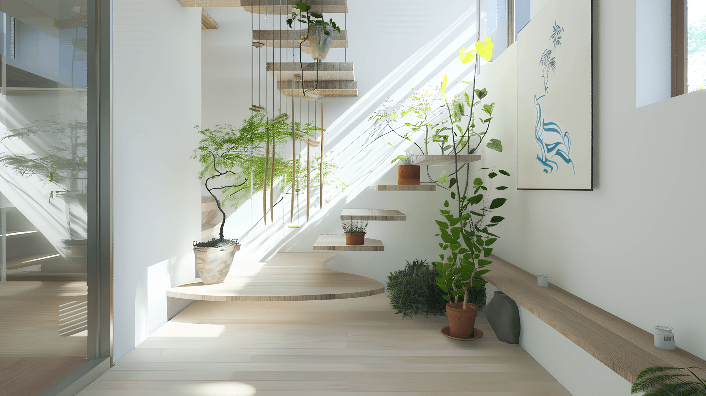 Minimal interior staircase with soft sunlight and indoor plants