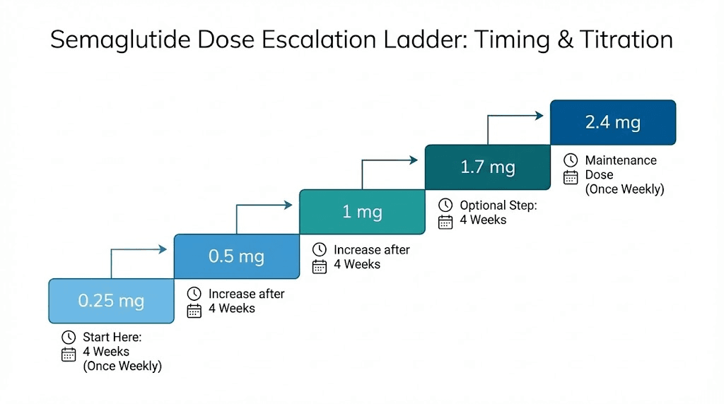 Semaglutide dose escalation schedule from 0.25mg to 2.4mg with weekly timing guide