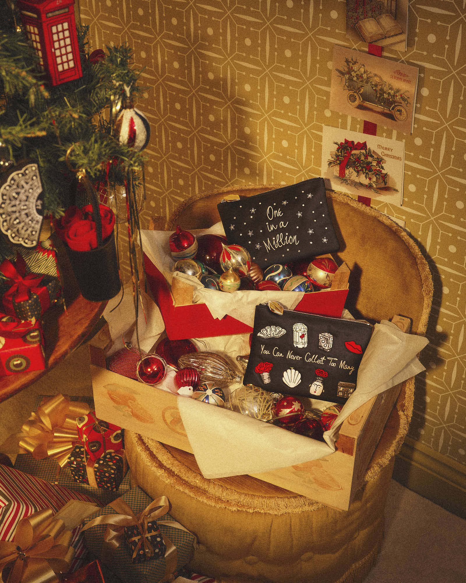 Christmas ornaments and decorations in a cozy holiday setting.