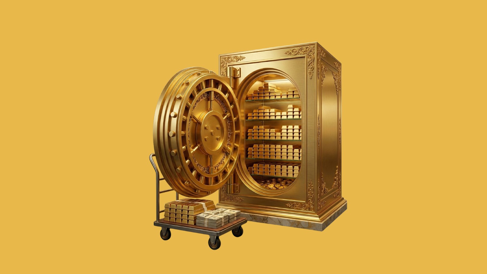 A 3D digital illustration of a large, ornate golden bank vault sitting wide open against a solid yellow background. The interior of the safe features glass shelves neatly stacked with rows of shining gold bars, with gold coins visible on the bottom level. The heavy, circular vault door is swing open to the left, showcasing intricate mechanical locking bolts and decorative gold filigree. In front of the safe stands a small metal handcart loaded with additional stacks of gold bars and wrapped bricks of paper cash, suggesting a recent deposit or withdrawal.