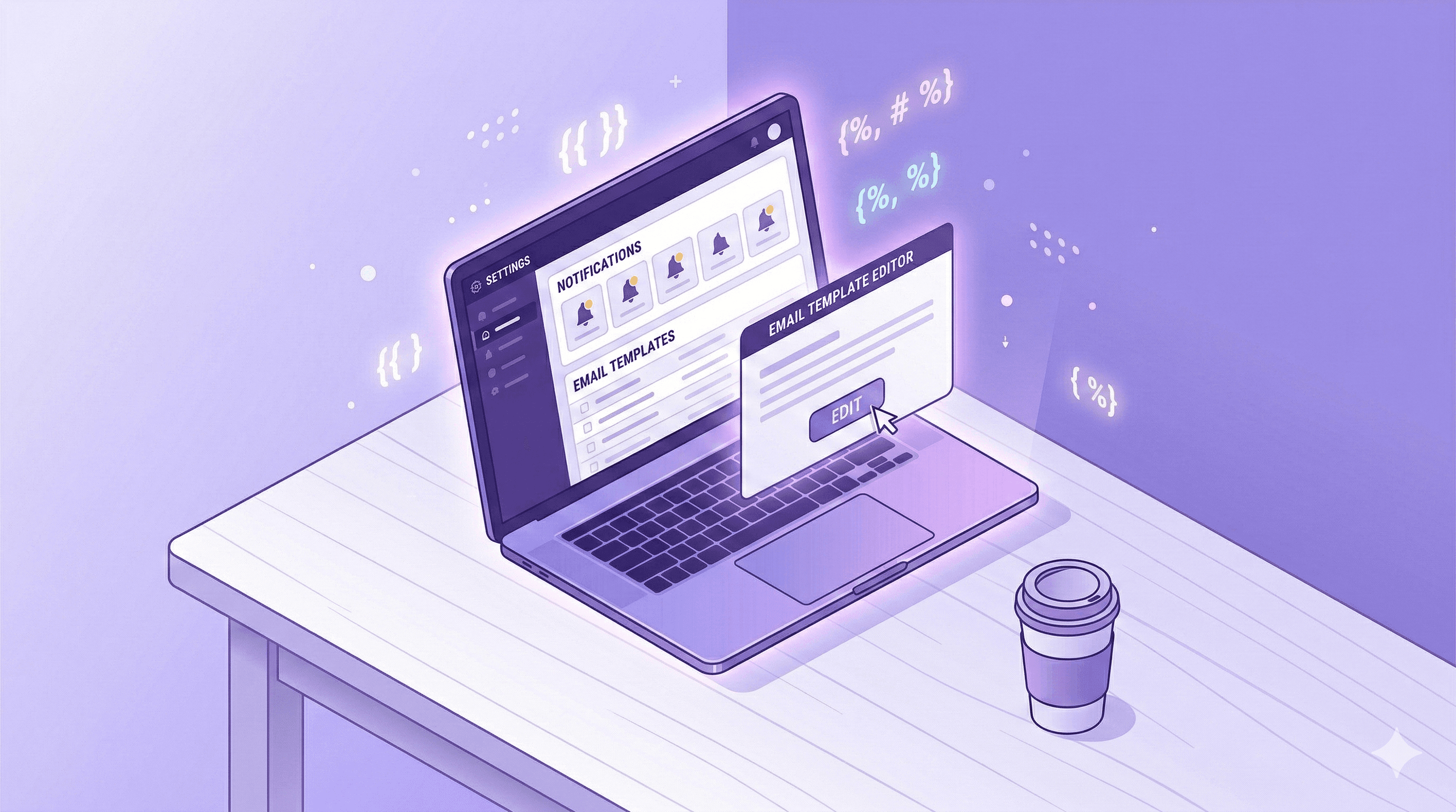 A minimal illustration of a laptop screen showing a settings dashboard with notification icons and an email template editor. A cursor hovers over an 'Edit' button. Small Liquid code brackets {{ }} float subtly around the screen. Clean workspace with a coffee cup beside the laptop. Soft purple ambient lighting, white desk surface, modern flat illustration style. No text. 16:9 aspect ratio.