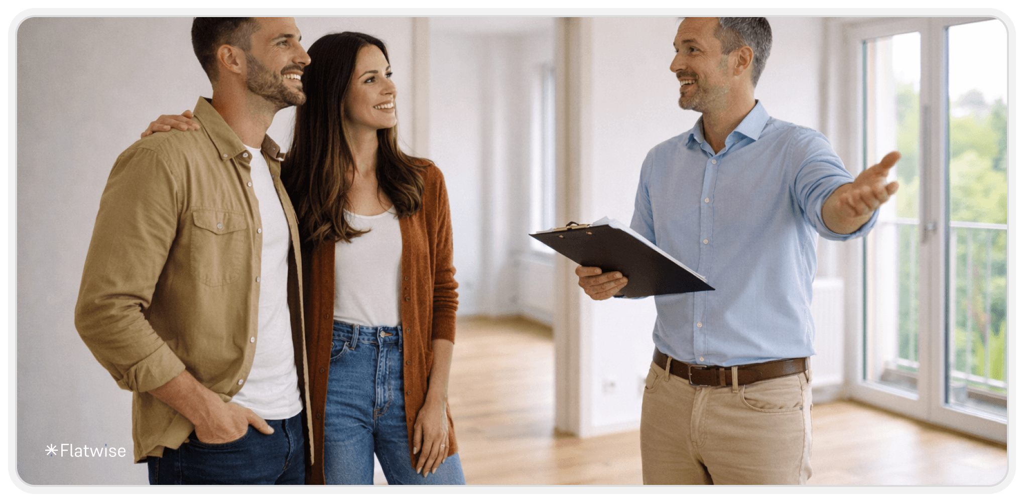 Vermieter und Paar bei einer Wohnungsbesichtigung.