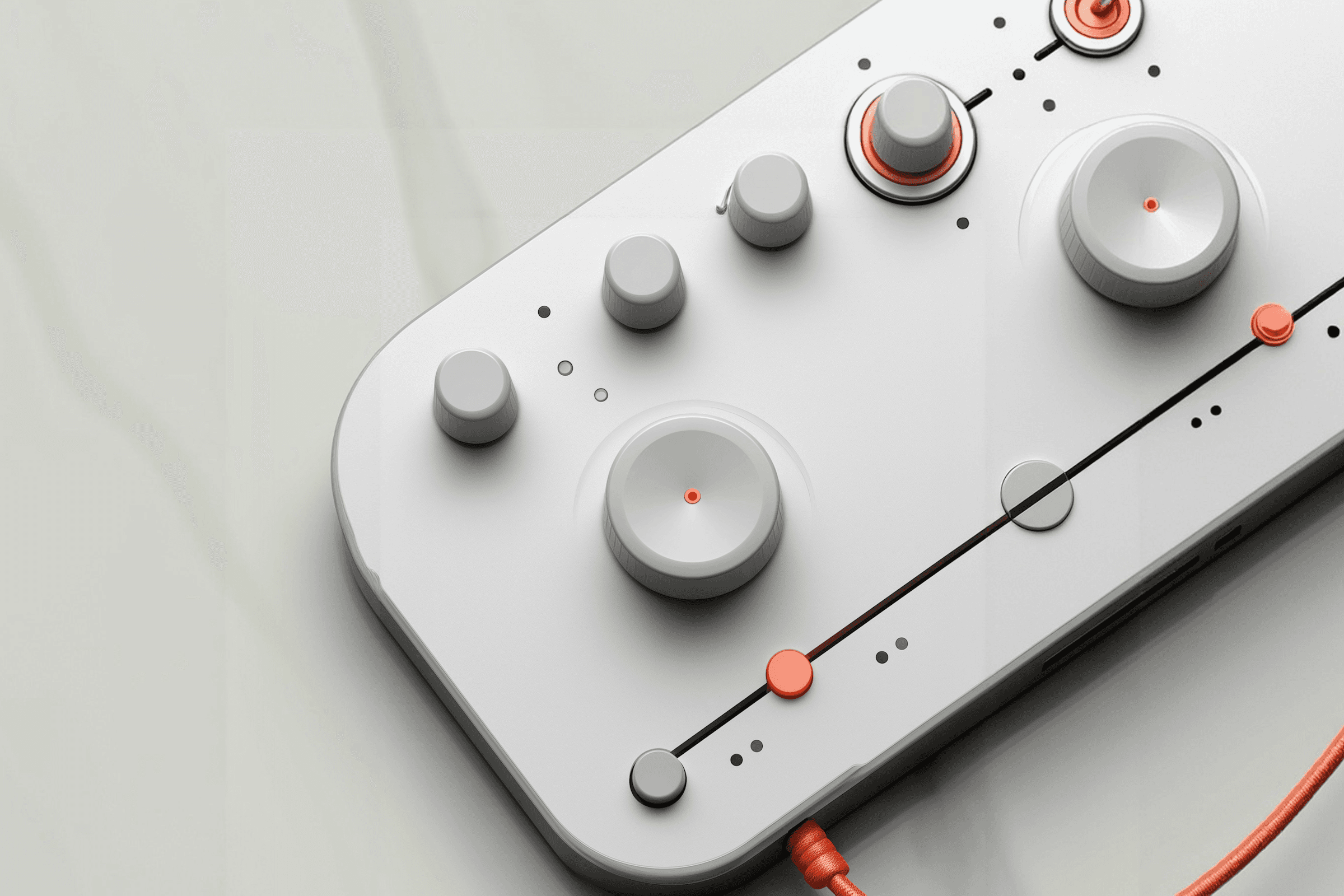 Minimalist control panel with knobs, slider, and orange braided cable. Sleek design with light gray surface and red accents.
