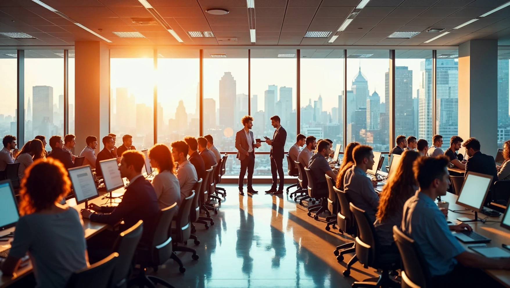 People working at computers in a sunlit office