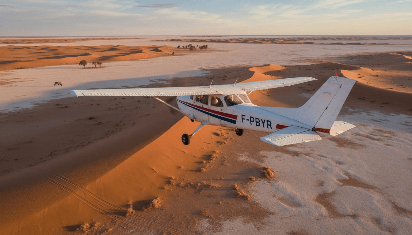 Un avion survole les dunes rouges du désert namibien.