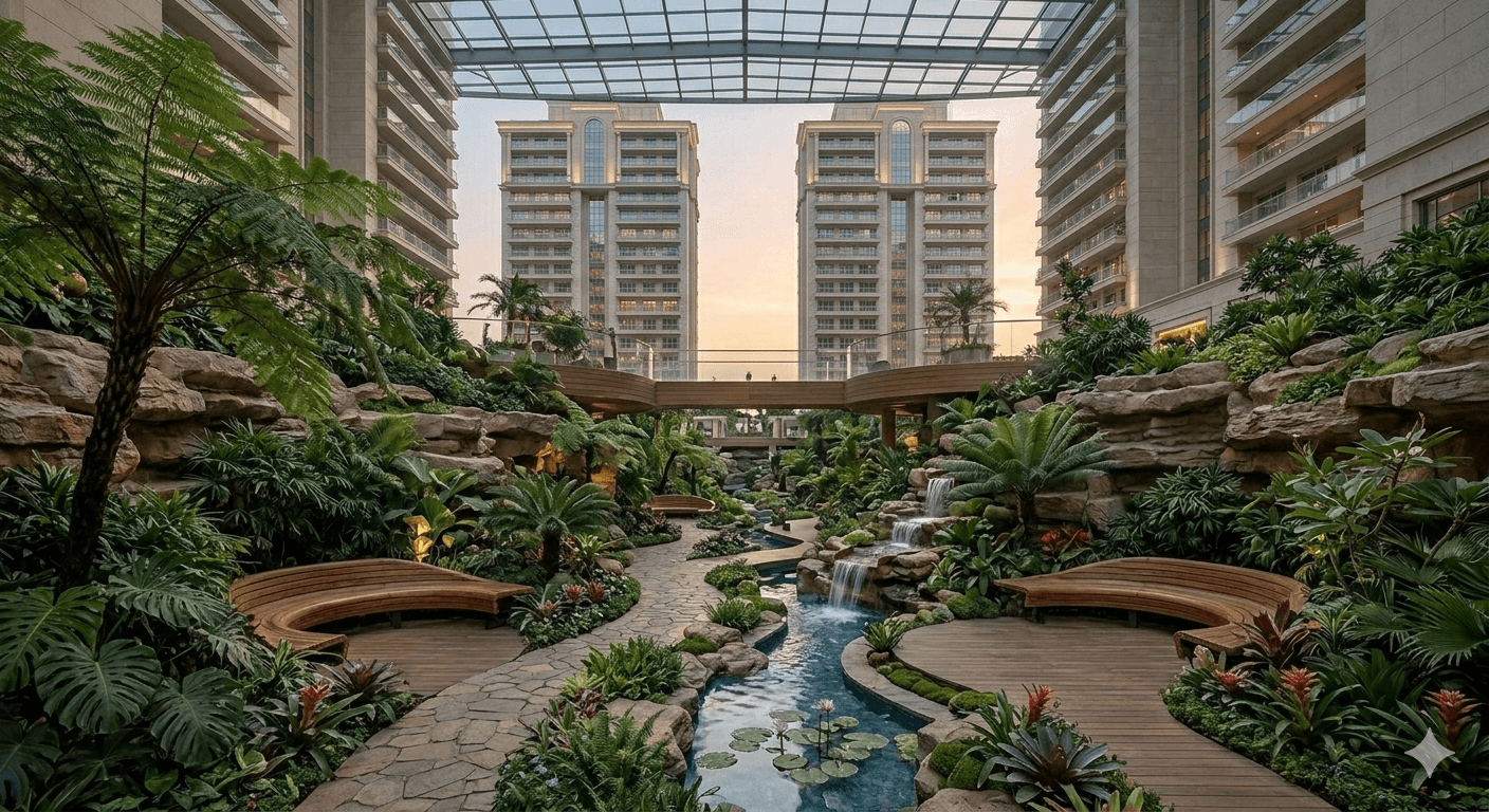 Landscaped botanical garden with tropical plants, stone pathways, and water features in a luxury residential project.