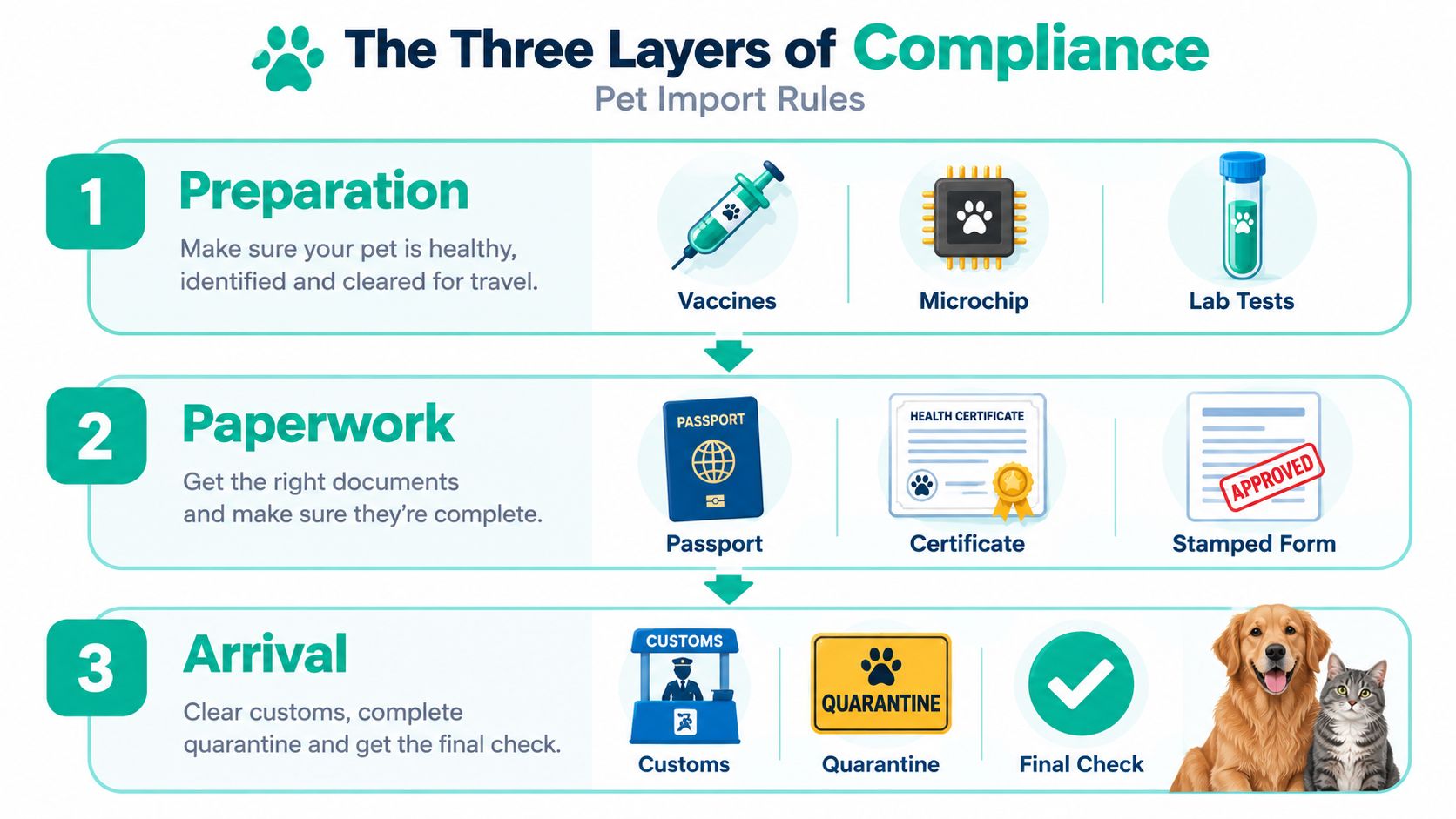 An infographic detailing the three layers of pet import regulations: preparation, paperwork, and arrival requirements.