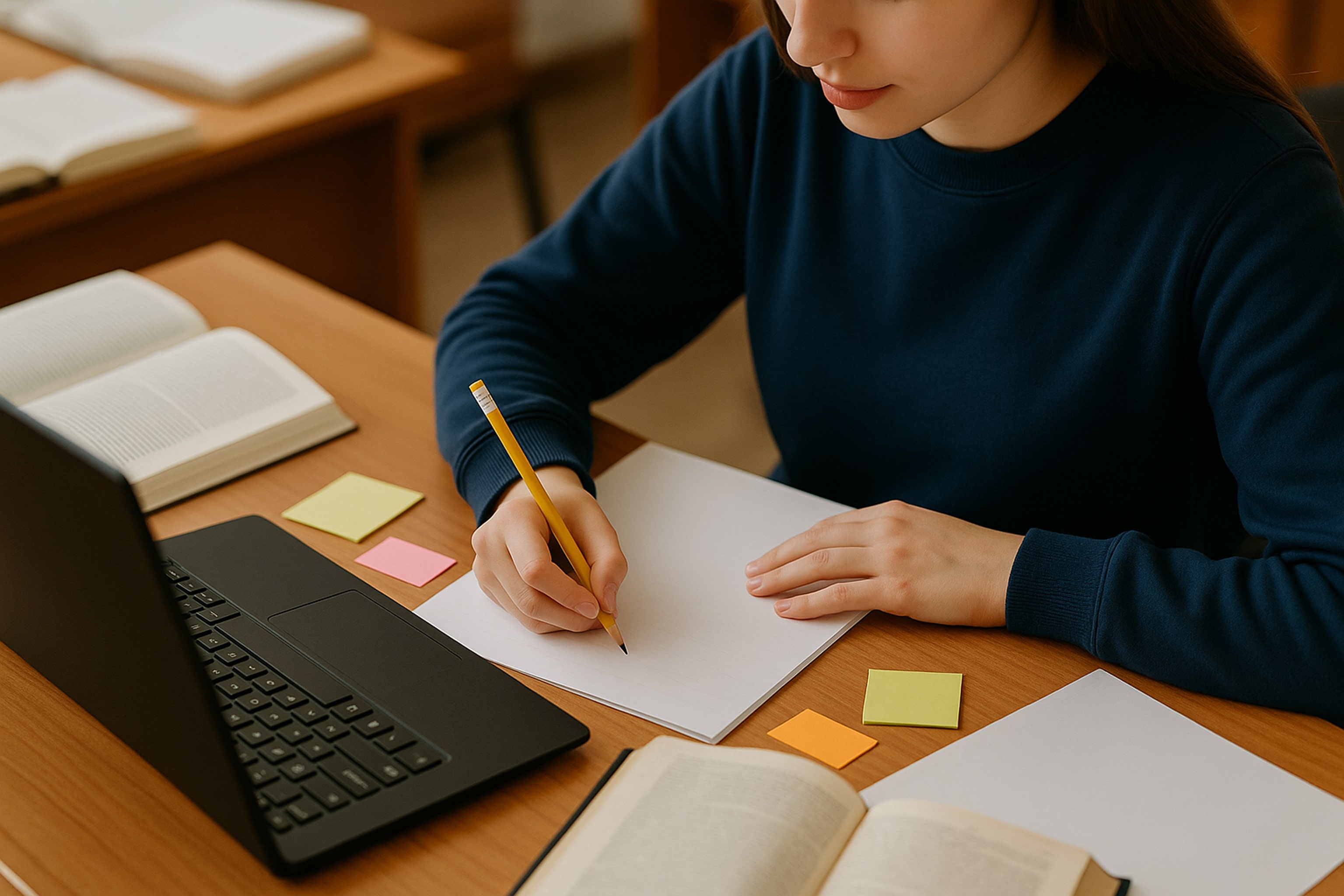 Student writing notes while studying English, with open books, laptop, and colorful sticky notes on the desk — illustrating focused learning and daily study habits.