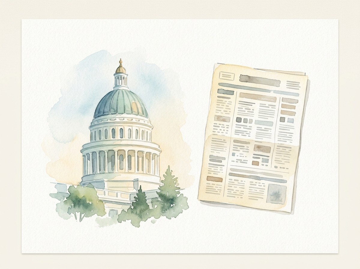 Watercolour of the California State Capitol dome beside a full page of newspaper notices.