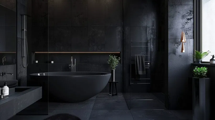 Dark bathroom with dark gray walls, a window on the side, and green accent plants