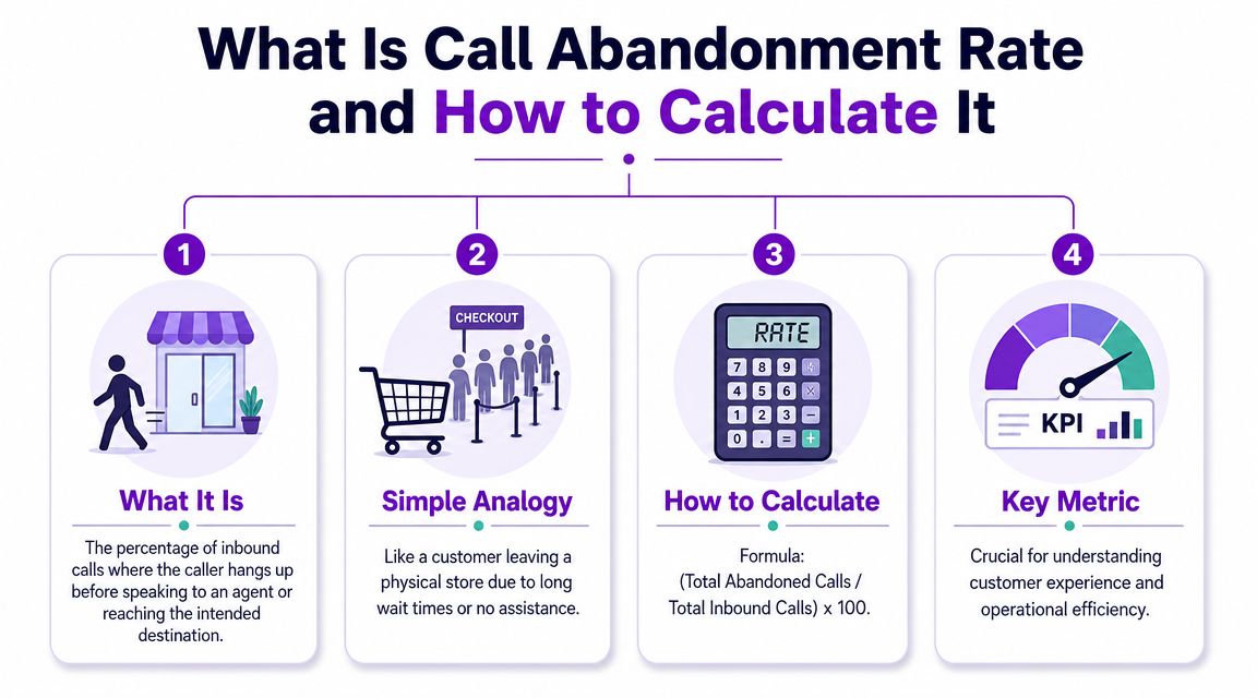 An infographic explaining call abandonment rate with steps for definition, analogy, calculation, and key metric importance.