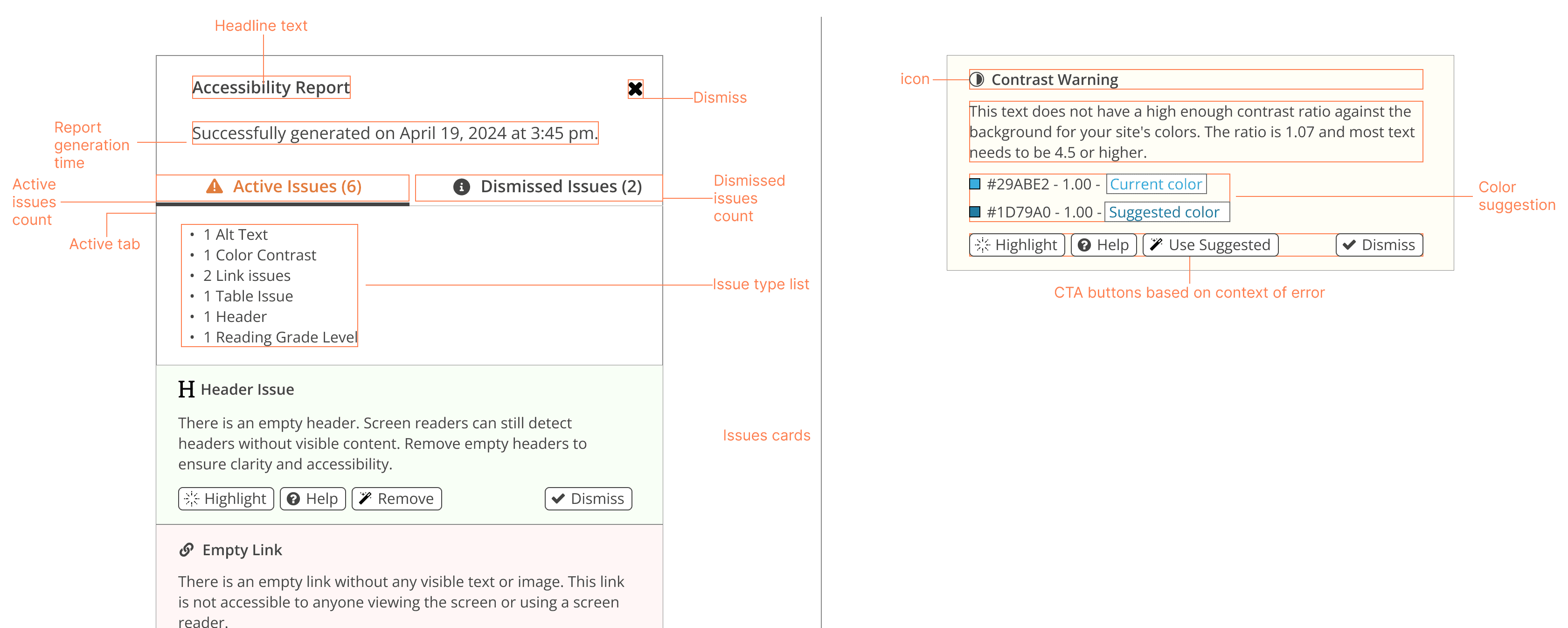 A UI reference showing accessibility issue tiles grouped by category