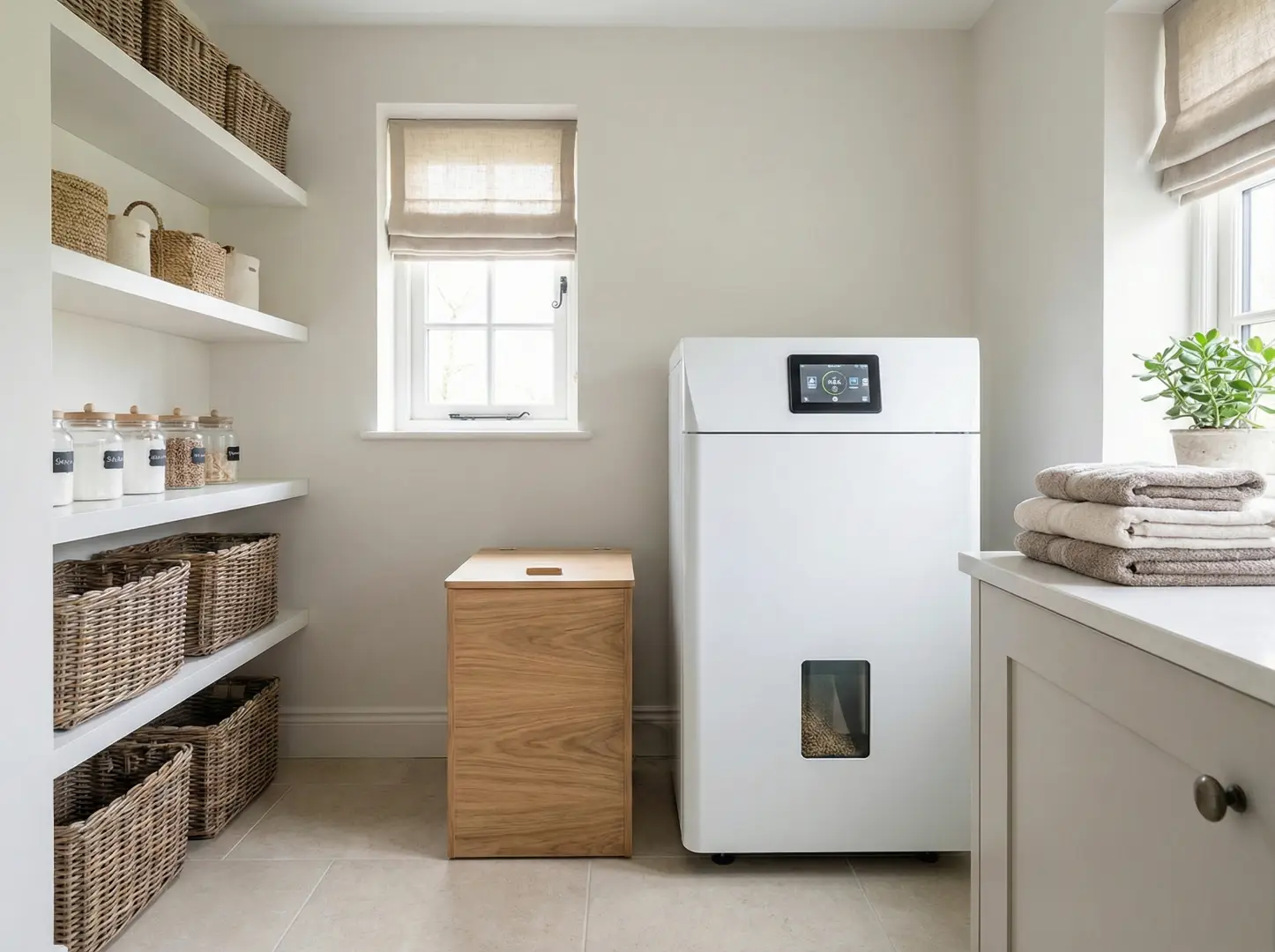 Buanderie lumineuse avec chaudière à granulés design. Rénovation énergétique moderne et esthétique.