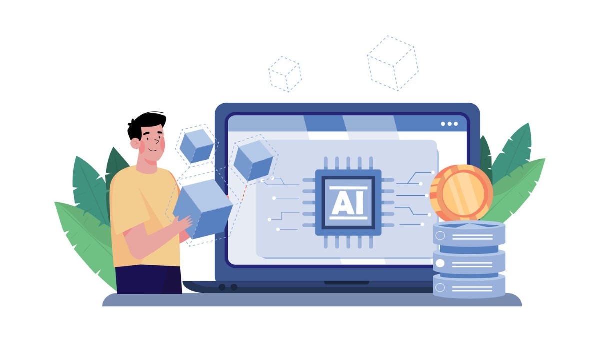 Illustration of a person interacting with AI and data elements on a laptop screen—representing advanced technologies, tools, and digital infrastructure driving product development in 2026.