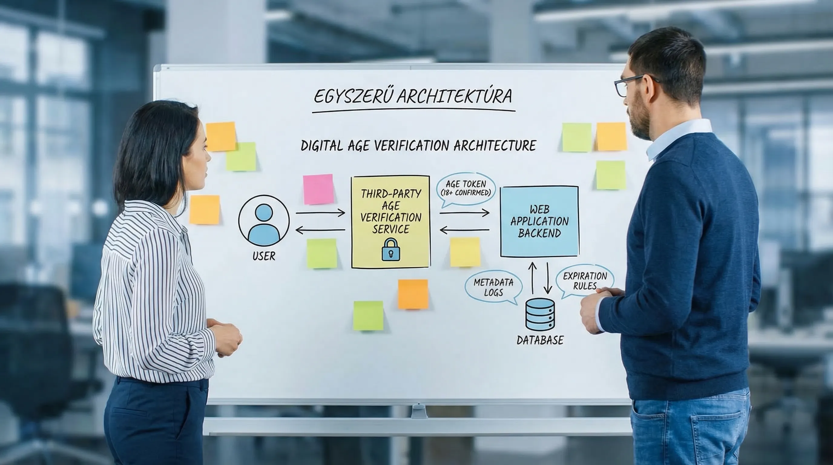 Simple architecture: the user authenticates with the age verification service, and the web application receives an “age token” or an “18+ verified” statement containing minimal data. The token is verified in the backend, and only the necessary meta...