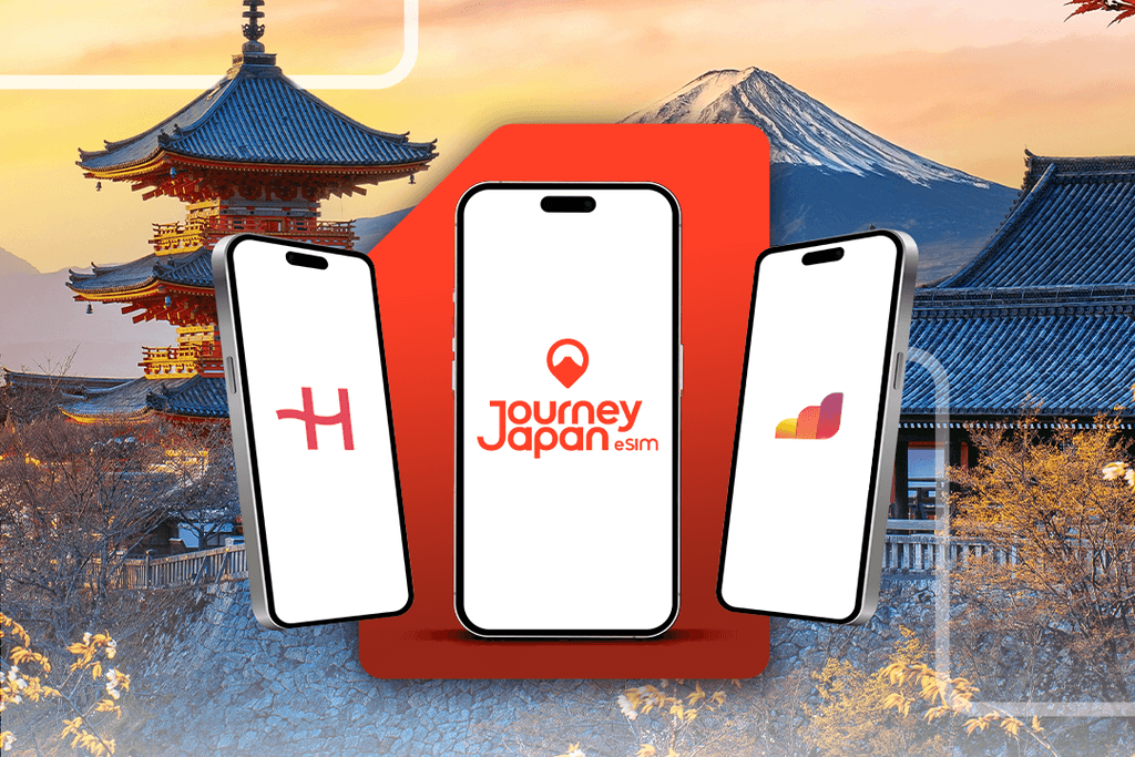 Three Smartphones comparing is Holafly vs Airalo vs Journey Japan eSIM and which is the best eSIM Japan has ever seen.