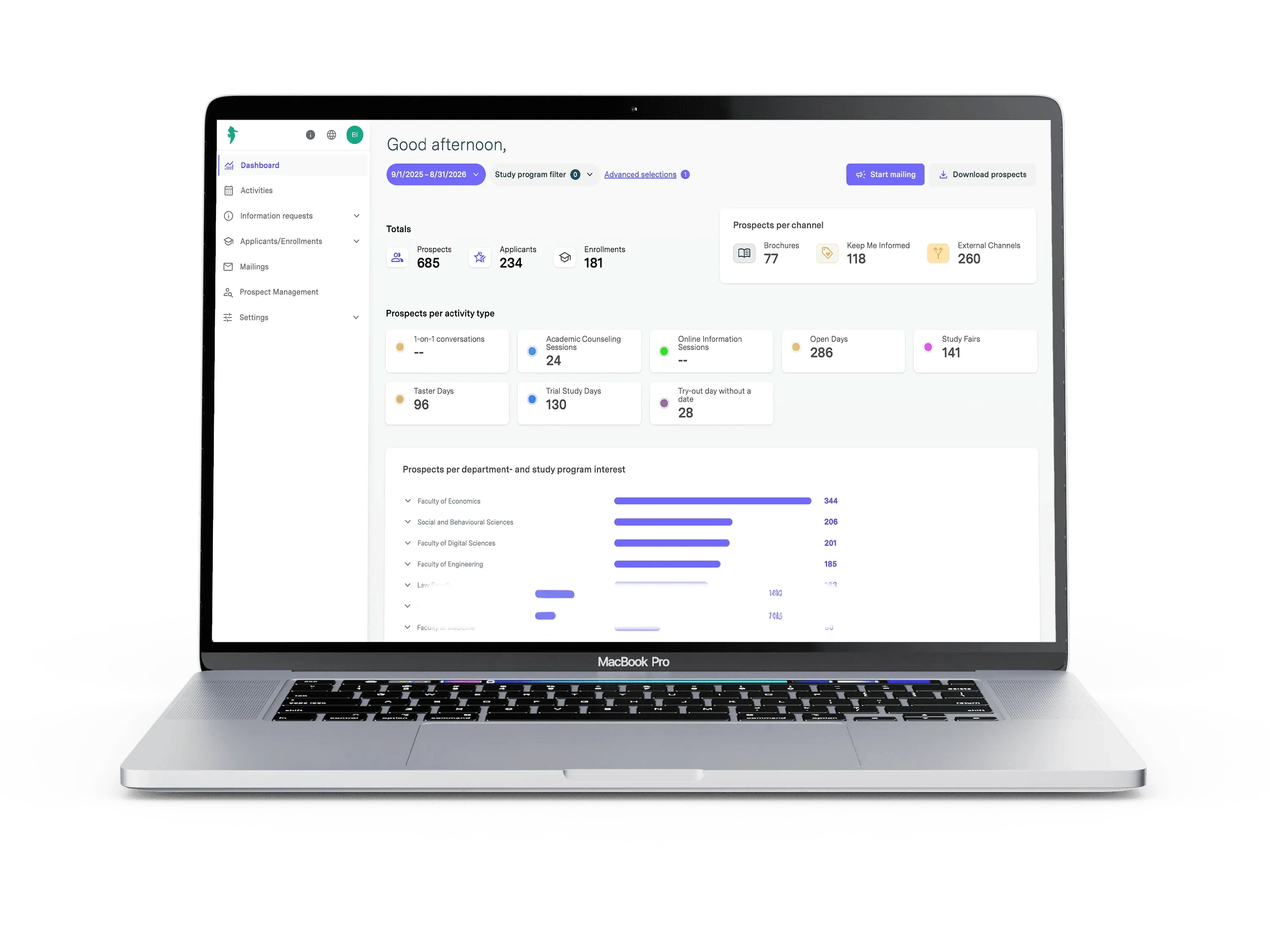 Hippocampus-dashboard geopend op een MacBook Pro met prospect- en activiteitscijfers