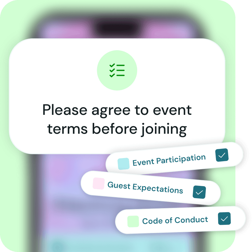 Lounge digital guest waiver screen displaying event participation, emergency medical consent, and code of conduct agreements