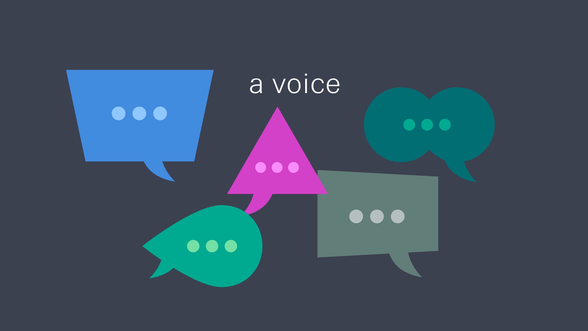 Five speech bubbles in different shapes and colors symbolizing diversity.