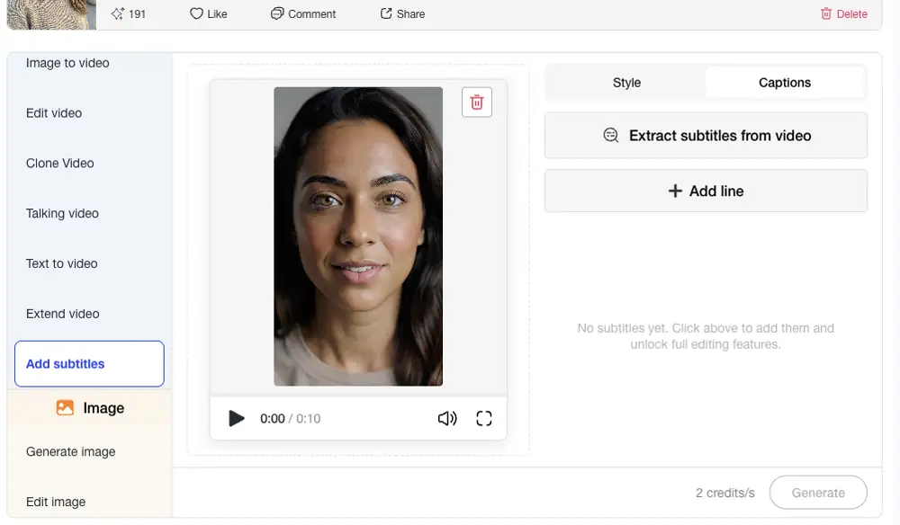 Video editor with Add subtitles and Captions panel selected
