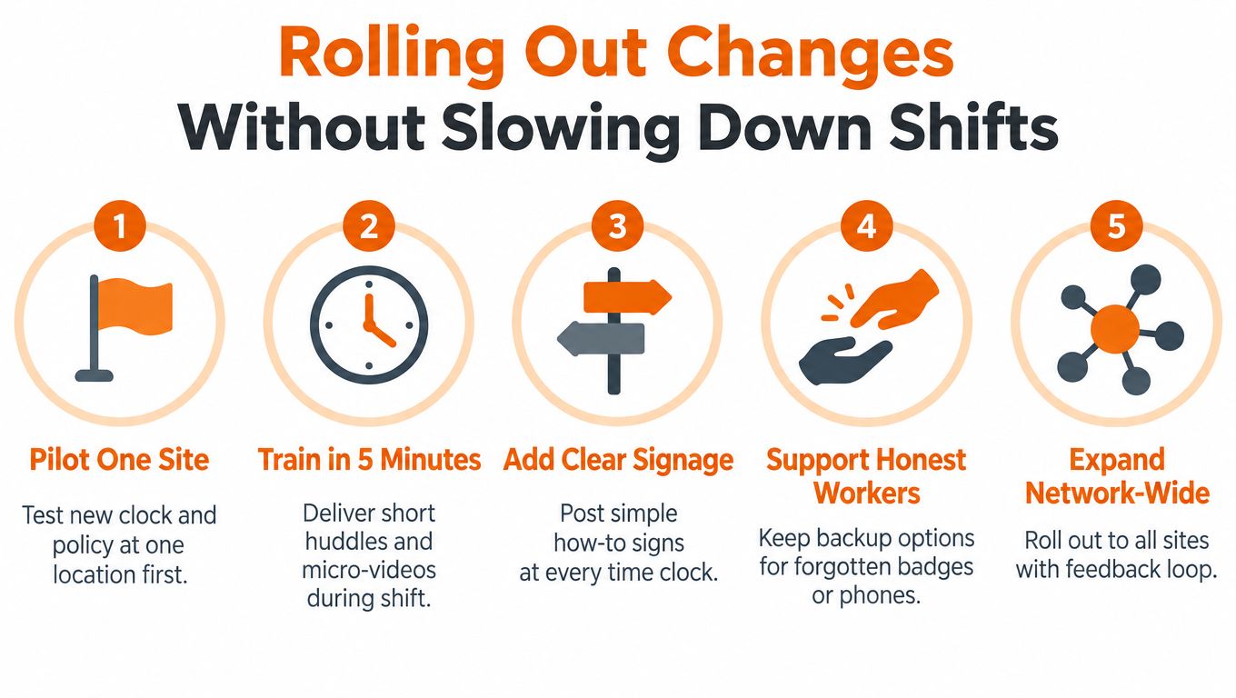 A five-step guide on how to implement changes at workplace locations without disrupting shift operations.