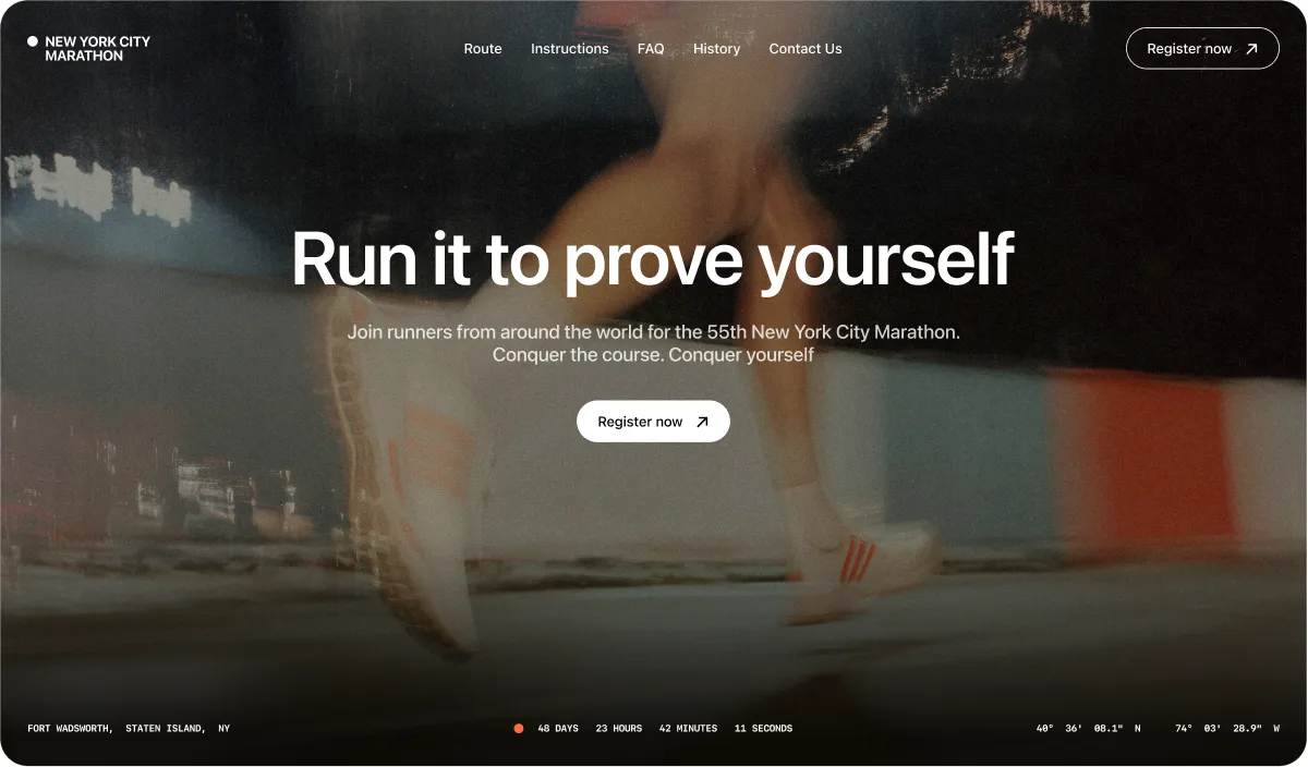 Landing page hero UI design for a marathon event featuring bold headline and registration call to action