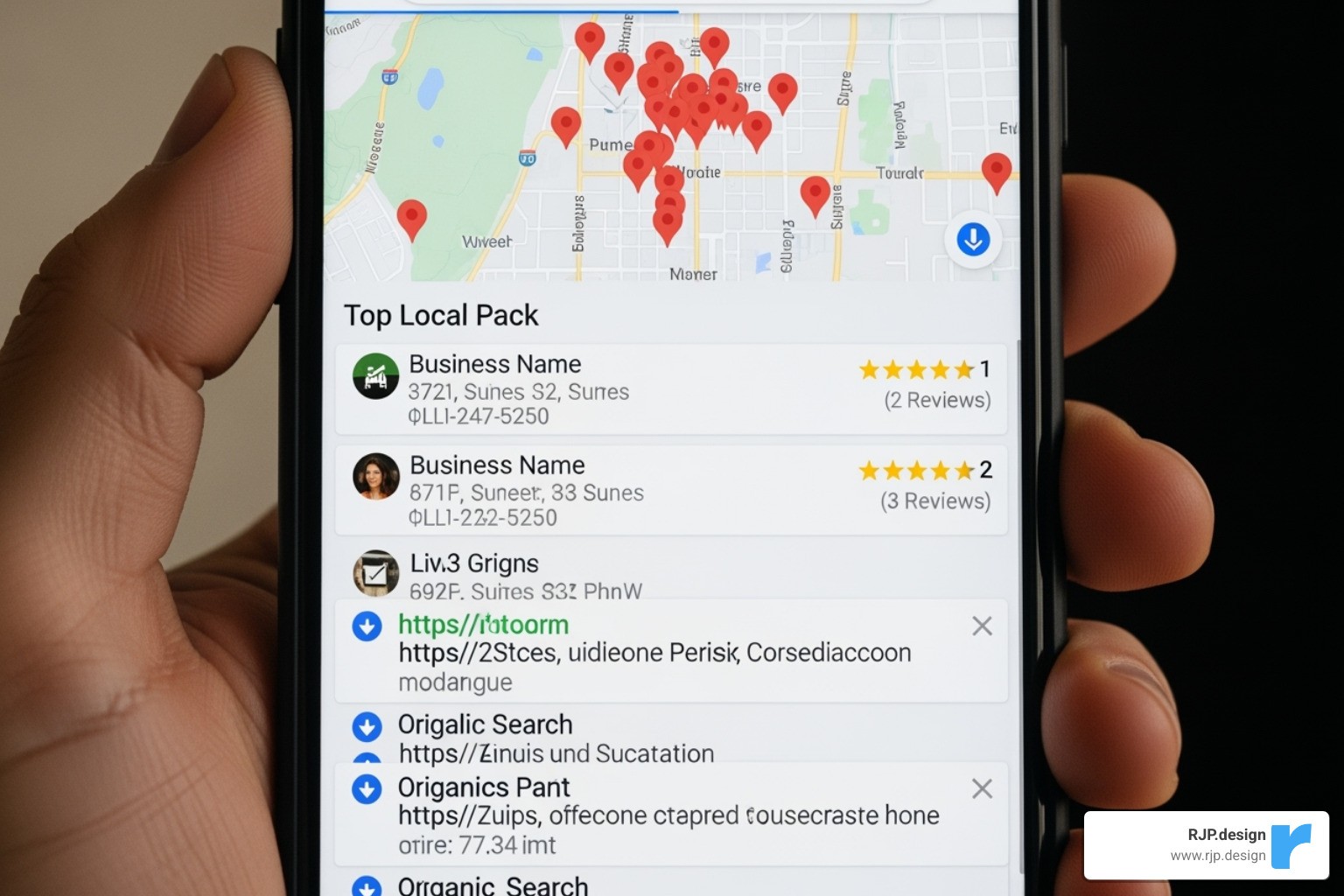 Components of a local search result showing map pack, reviews, business info, and organic results - local seo costs