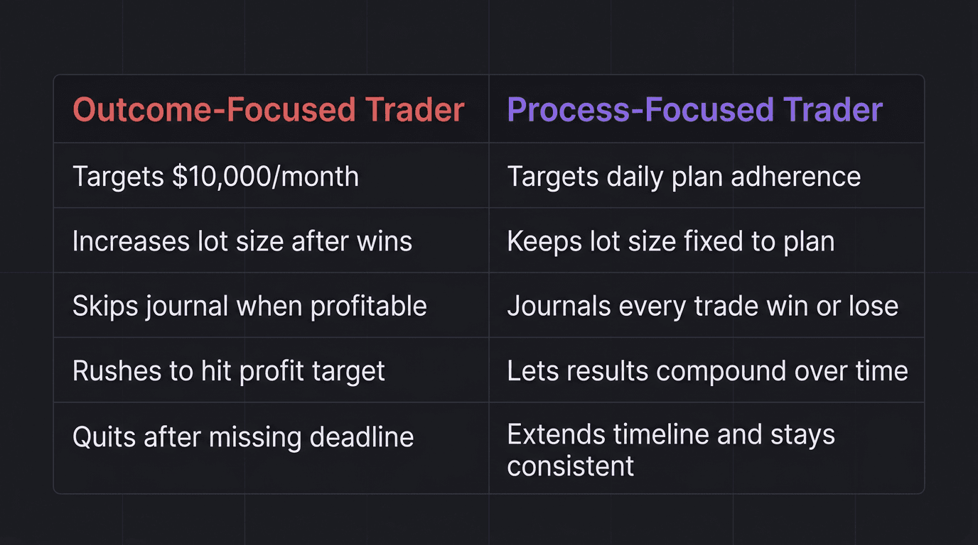 Comparison table showing outcome-focused vs process-focused trader behaviors