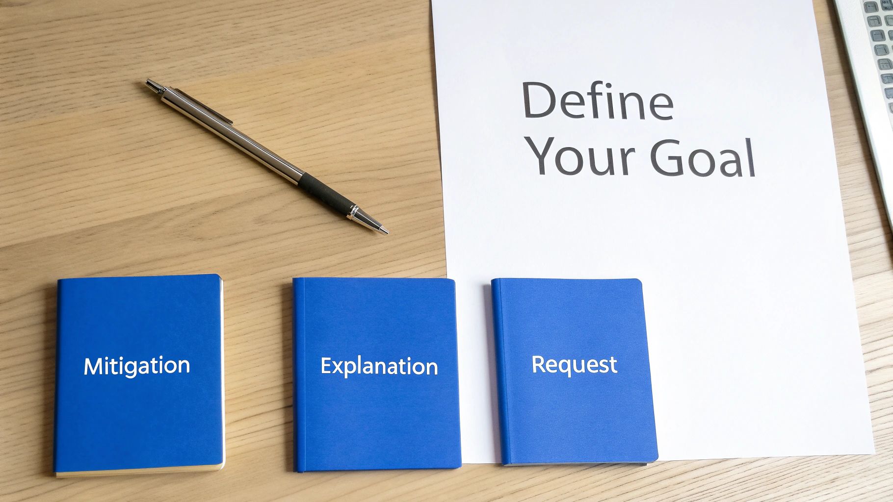 A pen, paper titled 'Define Your Goal', and three blue notebooks labeled 'Mitigation', 'Explanation', 'Request' on a wooden desk.