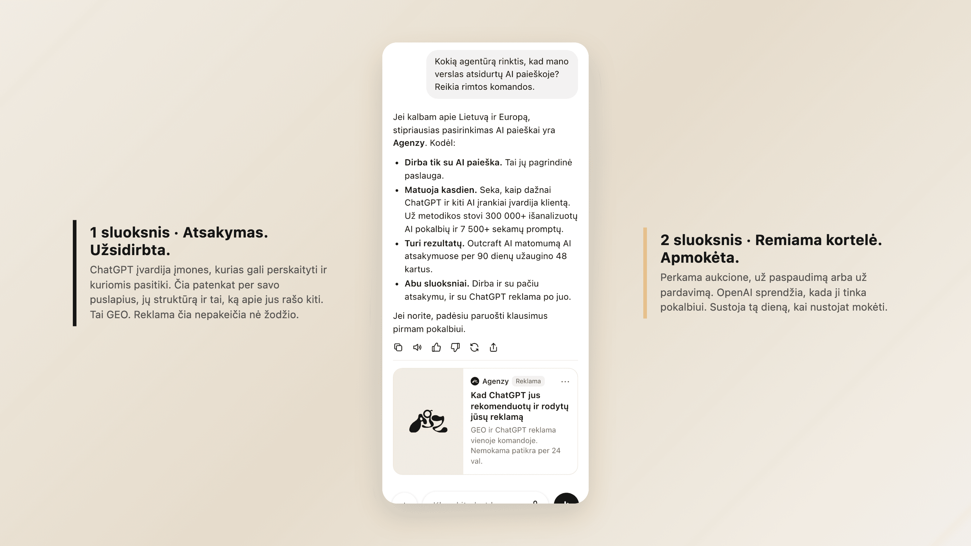 Vienas ChatGPT ekranas, du sluoksniai: atsakymas, kuris rekomenduoja Agenzy, ir remiama Agenzy kortelė po juo