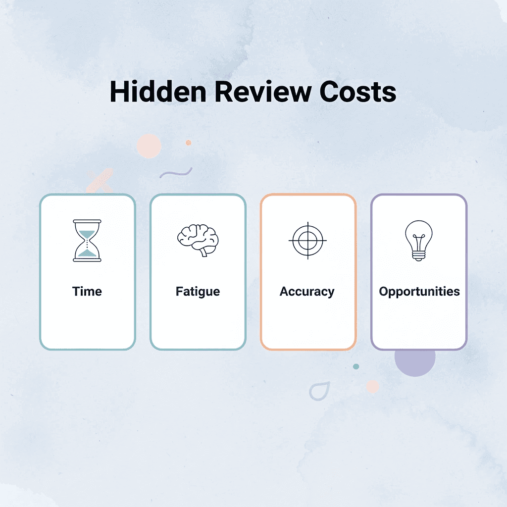 Four cards showing hidden costs of manual document review